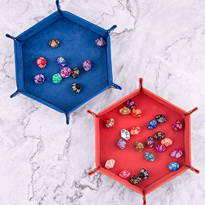 SIQUK 2-Piece Dice Tray - PU Leather Folding Hexagon Dice Holder for RPG, DND & Other Table Games (Royal Blue, Orange) - color: Royalblue and Orange