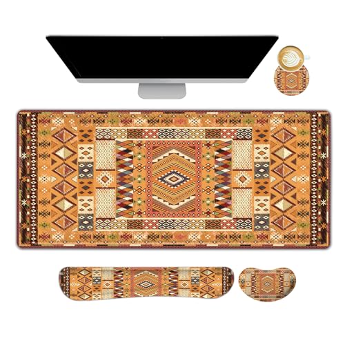 AIMSA Desk Mat Set, Large Mouse Pad + Mouse Wrist Rest + Keyboard Wrist Support + Coaster, Bohemian Style 4in1 Rug Gaming Mouse Pad Combo for Home Office, Orange - color: Bohemian Orange