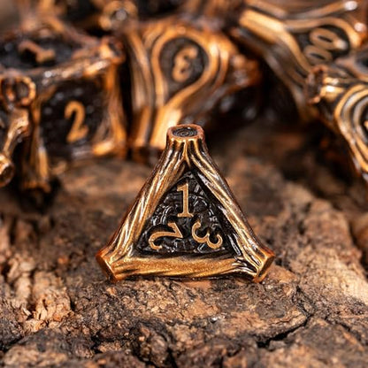 Metal Dice Set D&D 7PCS Metal DND Dice Set Golden for Tabletop Games | Leather Storage Bag, DM Gift, for Dungeons and Dragons Role Playing Games - color: Metal Tree-agolden