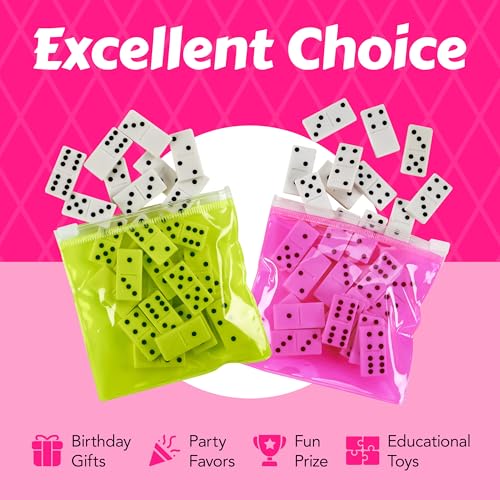 Playbees Domino Game Set Pack of 12 Each Bag includes 28 Pieces of Dominoes Set Comes with Colorful Bags Neon Pink Yellow Green and Orange - Awesome Party Favor, Educational Toys Adults & Teens
