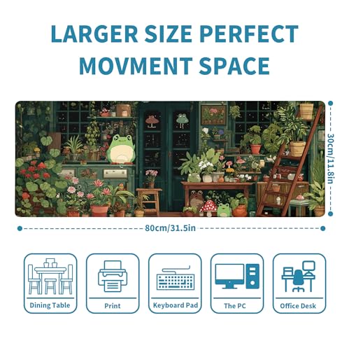 Cute Frog Kawaii Green Mouse Pad Desk Mat XL Extended Large Gaming Desk Pad Mousepad, Green Plant Computer Laptop Keyboard and Mouse Mat, Desktop Protector Mat for Office and Home 31.5x11.8 in - color: Green Bean Frog
