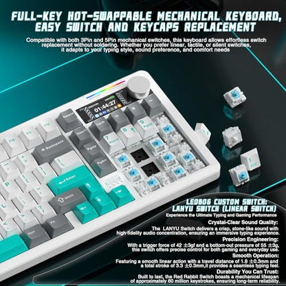 LINGBAO K98 PRO 96% Mechanical Keyboard Wireless, with Screen & Knob, Creamy Gaming Keyboard, Tri-Mode BT5.0/2.4GHz/USB-C, Gasket Mount Hot-Swappable Linear Switches RGB Backlit Gamer Keyboards for PC - color: K98Pro | 10000mAh | White Blue Grey