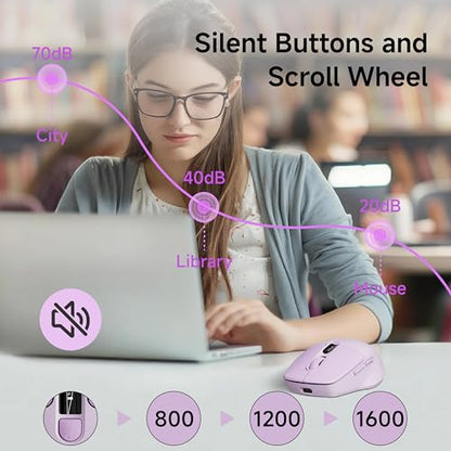 Wireless Bluetooth Mouse with Visible Battery & DPI Screen, Multi-Device BT & 2.4G Computer Mouse, 500 mAh Rechargeable, 1600DPI, Silent Portable Optical Mice for Laptop, PC, Mac, iPad - Purple - color: Purple