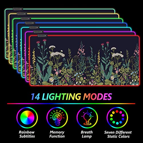 RGB Gaming Mouse Pad Large, AIMSA Keyboard Led Mousepad Extended 35.4 x 15.8 inch Non-Slip Rubber Base with 14 Lighting Modes, Big Desk Mat Waterproof, Flowers Plants - color: Flowers Plants