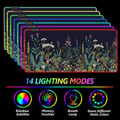 RGB Gaming Mouse Pad Large, AIMSA Keyboard Led Mousepad Extended 35.4 x 15.8 inch Non-Slip Rubber Base with 14 Lighting Modes, Big Desk Mat Waterproof, Flowers Plants - color: Flowers Plants
