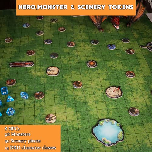 CZYY RPG Starter Set, Foldable Battle Mat, DM Screen, Game Tokens & Dice | 2-Sided Wet & Dry Erase Terrain Map, Scenery Pieces & Marker Pens, DND Starter Accessories, Gift for Player & Dungeon Master