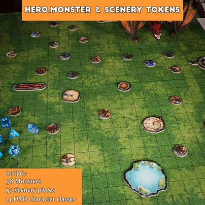 CZYY RPG Starter Set, Foldable Battle Mat, DM Screen, Game Tokens & Dice | 2-Sided Wet & Dry Erase Terrain Map, Scenery Pieces & Marker Pens, DND Starter Accessories, Gift for Player & Dungeon Master