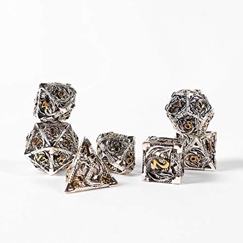 7pcs Metal Dice Set D&D,Unique New Dragon Pattern DND Metal Dice Set | Used for Dungeons and Dragons Role Playing Game(RPG),MTG,Pathfinder,Table Game,Board Games - color: Silver