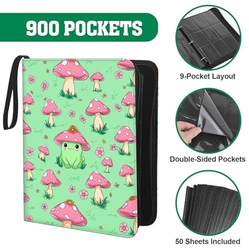Cute Frog & Mushroom 9-Pocket Trading Card Binder Album, 900 Card Zipper Binder with 50 Removable Sleeves, Refillable 3-Ring Card Book for MTG, TCG and Sports Cards, Fits 2.5" x 3.5" Cards - color: Frog & Mushroom