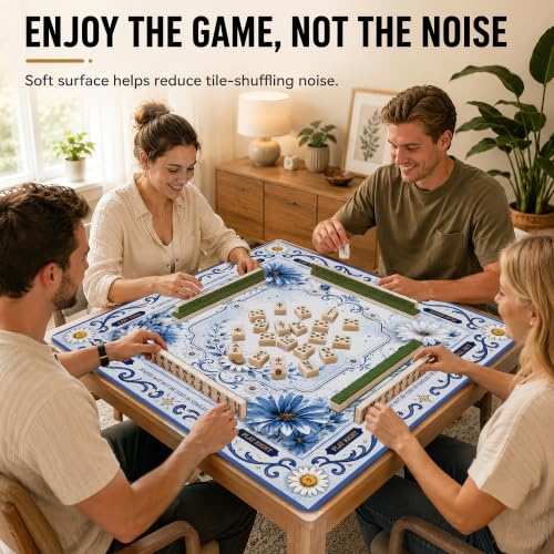 Blue White Daisy Butterfly Mahjong Mat for Table 31.5''x31.5'', Non-Slip Noise Reduction Mah Jongg Mats with Carrying Bag for American Mahjong, Poker, Board Games, Card Games & Dominoes - color: Blue White Daisy Butterfly