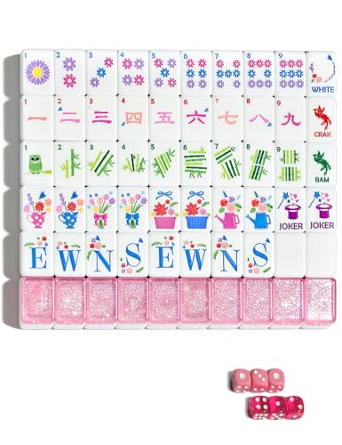 Mahjong Tile Set 160 Bling Acrylic Engraved American Mahjong Game Sets | HYZYey Sparkle Pink Garden Series 1.2” Mah Jongg Tiles with 6 Dice PU Bag Accessories Gifts for Majong Players Beginners - color: Pink