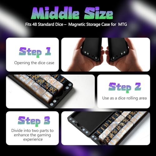 Flat Dice Box MTG Counter Storage for 16mm Dice – Fits 48 Standard Dice – Magnetic Storage Case for RPG, MTG, DND, Tabletop Games (Black, Medium) - size: Medium