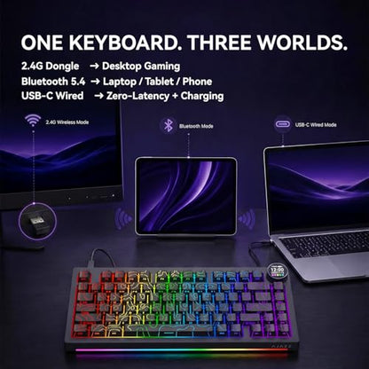 AK820 V2 75% Compact Mechanical Keyboard, 81 Keys, Tri-Mode (2.4G/Bluetooth/Wired), 10000mAh Battery, 0.9” TFT Smart Display Knob, Gasket Mount, Hot-Swappable, RGB Backlit, Black Contour Keycaps - color: Black Contour