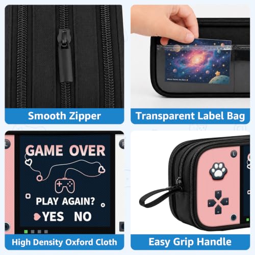 Game Controller Pencil Case for Boys Kids Teens, Large Capacity Pencil Pouch with 3 Compartments, 7 Pockets and Label Pocket for School College Office Travel (Pink & White) - color: Pink&White