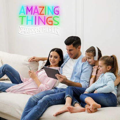 Amazing Things Happen Here Neon Sign Inspirational Rainbow Neon Light USB Powered Amazing Light LED Sign for Wall Decor Bar Club Party Home Room(16.54 * 11.02In) - style: Amazing Things Happen Here