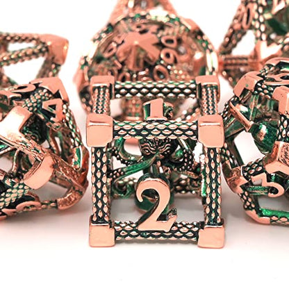 DND Dice Set Polyhedral, Metal Dice Set 7-piece(D20 D6 D4 D12 D10 D% D4) Cthulhu Design for Dungeons Dragons D&D Pathfinder and Other Tabletop Role-Playing Games - color: 3d Copper Green