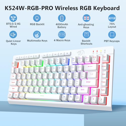 Redragon Wireless Gaming Keyboard, Portable 75% Compact,RGB Backlit, White | Bluetooth/2.4GHz/USB-C Wired, Mini Quiet Macro Membrane Keyboard, Rechargeable 4000mAh Battery, Anti-Ghosting for Win/MAC - color: White
