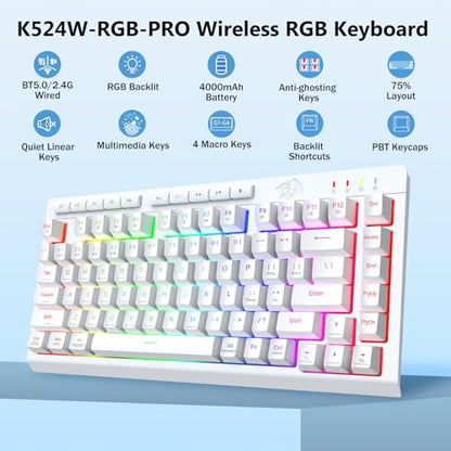 Redragon Wireless Gaming Keyboard, Portable 75% Compact,RGB Backlit, White | Bluetooth/2.4GHz/USB-C Wired, Mini Quiet Macro Membrane Keyboard, Rechargeable 4000mAh Battery, Anti-Ghosting for Win/MAC - color: White