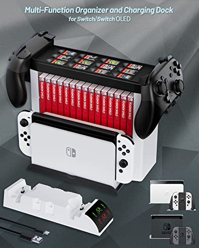Switch Organizer with Controller Charging Station, ZAONOOL Charger Stand for Nintendo Switch/OLED Joycon and Pro Controller, Accessories Storage Tower for Console, Games and Dock