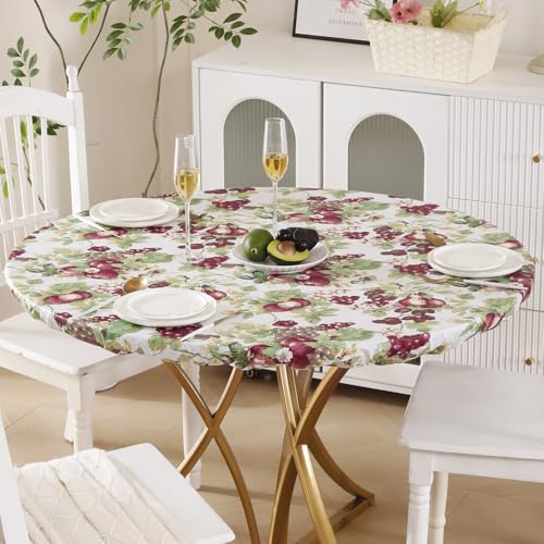 Walrus Round Vinyl Fitted Tablecloth with Flannel Backing Elastic Edge Design Table Cover Waterproof Oil-Proof PVC Table Cloth Stain-Resistant Best for 37"-44" Round - color: Fruits, size: 44" (Round)