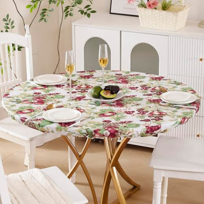 Walrus Round Vinyl Fitted Tablecloth with Flannel Backing Elastic Edge Design Table Cover Waterproof Oil-Proof PVC Table Cloth Stain-Resistant Best for 45"-56" Round - color: Fruits, size: 56" (Round)