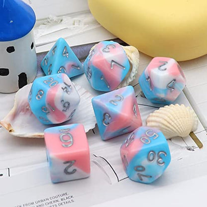 PJOY DND Dice Set 7PCS Blue Pink White D&D Polyhedral Dice with Velvet Dice Bag for Role Playing Dice Games Compatible with Dungeons and Dragons (Pastel Paradise) - color: Pink White Blue