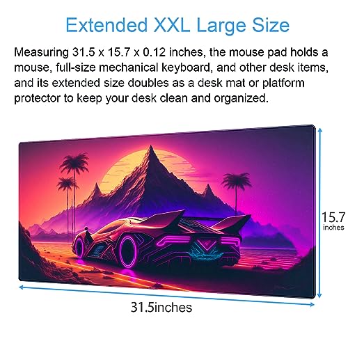 Synthwave Desk Mat, Retro Car XXL Large Gaming Mouse Pad 31.5x15.7 in | Neon cyberpunk car desk pad with soft 3mm cushion, smooth textile surface, and steady non-slip rubber core. - color: Futuristic Neon City