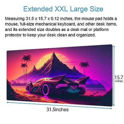 Synthwave Desk Mat, Retro Car XXL Large Gaming Mouse Pad 31.5x15.7 in | Neon cyberpunk car desk pad with soft 3mm cushion, smooth textile surface, and steady non-slip rubber core. - color: Futuristic Neon City