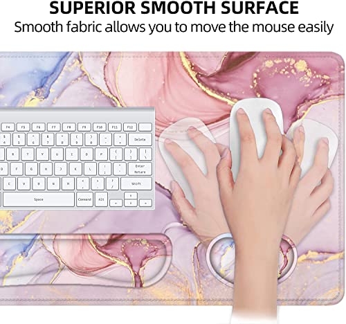 Large Mouse Pad with Wrist Rest, 4-in-1 Wrist Rest for Keyboard and Mouse | Non-Slip Waterproof Desk Mat Set, 35.4"x15.7" Desk Mat+Keyboard Wrist Rest+Mouse Wrist Support+Cup Coaster for Home Office - color: 4Pcs-Pink Marble