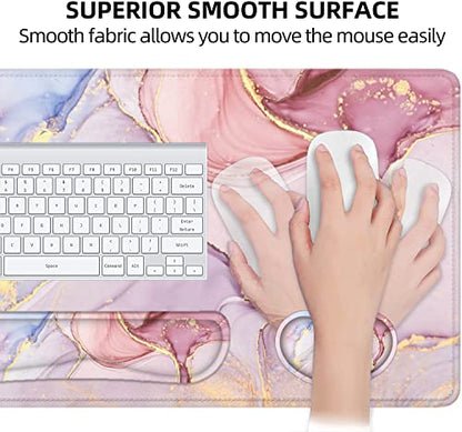Large Mouse Pad with Wrist Rest, 4-in-1 Wrist Rest for Keyboard and Mouse | Non-Slip Waterproof Desk Mat Set, 35.4"x15.7" Desk Mat+Keyboard Wrist Rest+Mouse Wrist Support+Cup Coaster for Home Office - color: 4Pcs-Pink Marble