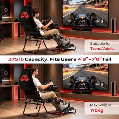 RACGTING Foldable Racing Simulator Cockpit,Gaming Sim Cockpit with Red Seat | Space-saving Storage, Fully Adjustable, 80% pre-assembled, Fit fot Logitech Thrustmaster MOZA, For apartments & living rooms
