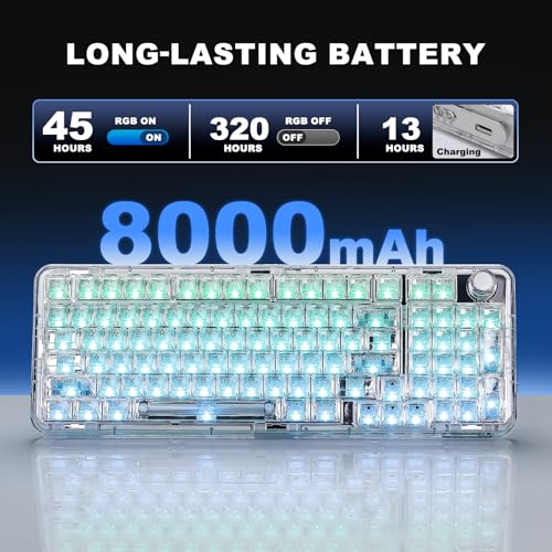 YUNZII X98 Clear Wireless Mechanical Keyboard with Knob (White,Snow Switch) | BT5.0/USB-C/2.4GHz,1800 Layout with Number Pad,Pre-lubed Switches Gasket Mount ,Clear Keyboard with RGB for Wins/Mac/Gaming - color: White, size: Snow Switch