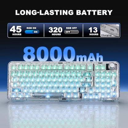 YUNZII X98 Clear Wireless Mechanical Keyboard with Knob (White,Snow Switch) | BT5.0/USB-C/2.4GHz,1800 Layout with Number Pad,Pre-lubed Switches Gasket Mount ,Clear Keyboard with RGB for Wins/Mac/Gaming - color: White, size: Snow Switch