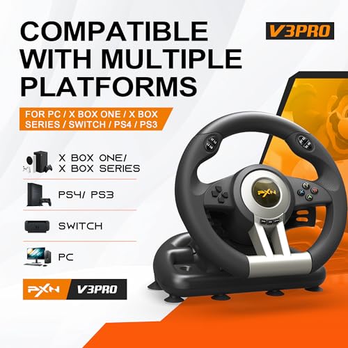 PXN V3 Pro Gaming Steering Wheel with Pedals | Dual Motor Vibration Feedback, Beginner Sim Racing Wheel for PC, PS4, Xbox Series S, Xbox Series X, Xbox One and Switch - color: Black