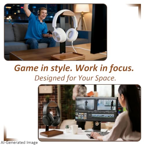 2-in-1 Wood Universal Headphone Stand With Storage Tray And Wood Arc Top | Curved Support Helps Distribute Headband Weight, Storage Base Keeps Keys, Earbuds, And Desk Accessories Within Reach