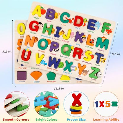 Attmu Wooden Puzzles for Toddlers, 2 Pcs Alphabet Puzzle ABC Shape Number Puzzle Patterns, Learning Toys for Kids, Preschool Educational Activities Toddler Gift Toys for Girls Boys Christmas Easter - size: 2 Pack
