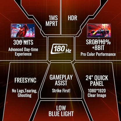 SANSUI Gaming Monitor, 24 Inch 180Hz, FHD 1080P 1ms 110% sRGB Computer Monitor, HDMI DP Ports VESA Support for Game Office (HDMI Cable Included) - size: 23.81