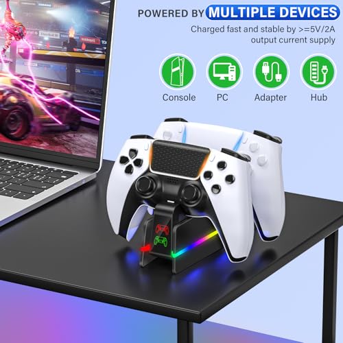 PS5-Controller-Charger-Station - Charging Station for PlayStation 5 Dualsense/Edge Controller with 9 Color Led Light, Fast Charging Dock & Holder Stand for PS5/Slim/Pro Remote - Whole Black - color: Whole Black P48
