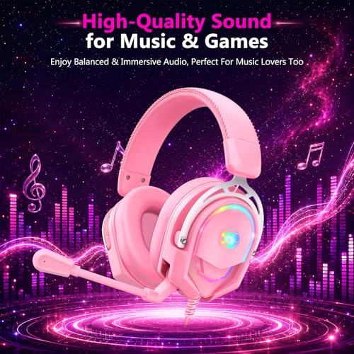 K98 Wired RGB Gaming Headset with Mic, Over Ear Gaming Headphones, 50mm Neodymium Drivers, Noise Isolating Microphone, Memory Foam Cushions, Aluminum Alloy Frame for PC, PS5, PS4, Xbox, Switch - color: Pink RGB