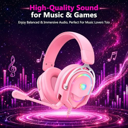 K98 Wired RGB Gaming Headset with Mic, Over Ear Gaming Headphones, 50mm Neodymium Drivers, Noise Isolating Microphone, Memory Foam Cushions, Aluminum Alloy Frame for PC, PS5, PS4, Xbox, Switch - color: Pink RGB