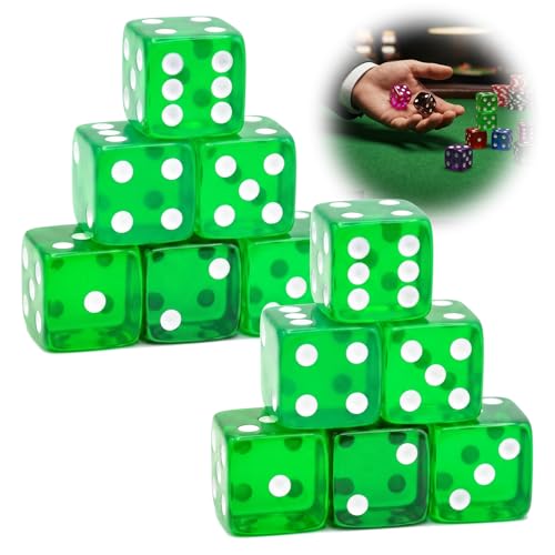 12 Piece 19 mm Casino Style Dice Set, Acrylic Translucent D6 Dice with Square Rounded Edge,Green for Craps, Table Games, Board Games, RPG, MTG, DND(Green) - color: Green