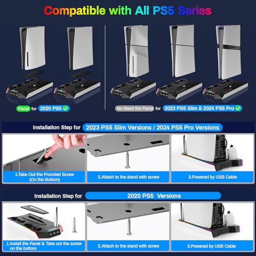 PS5 Cooling Station Stand RGB with Dual Controller Charging Station for PlayStation 5 Console, PS5 Accessories Incl. Controller Charger, Cooling Fan, Headset Holder, 3 USB Hub - color: Black & white