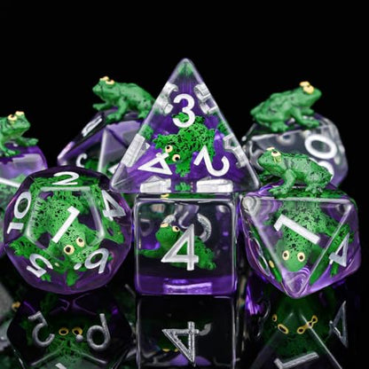 Resin D&D Dice Set, Green Frog Animal Polyhedral Dice for Dungeons and Dragons, RPG, MTG DND 7-DIE (D4, D6, D8, D10, D12, D20, D%) - color: Green Frog