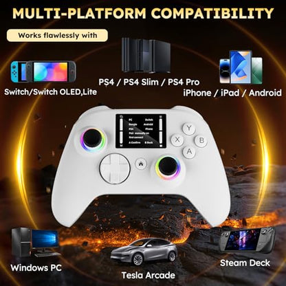 Interactive Screen Wireless Gaming Controller for PC/PS4/ Switch/Android/iOS, 4 Programmable Buttons, Turbo, 6-axis Gyro, Dual Vibration, RGB Lighting, Share, Screenshot, 1000mAh, Wake-up White - color: White