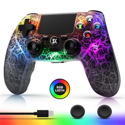 Wireless Controller for PS4, Black Crack Custom Design, Adjustable RGB Light,1000mAh Battery, Double Vibration, 6-Axis, Built-in Speaker & 3.5mm Headphone Jack, Gamepad Compatible with PlayStation 4 - color: Black