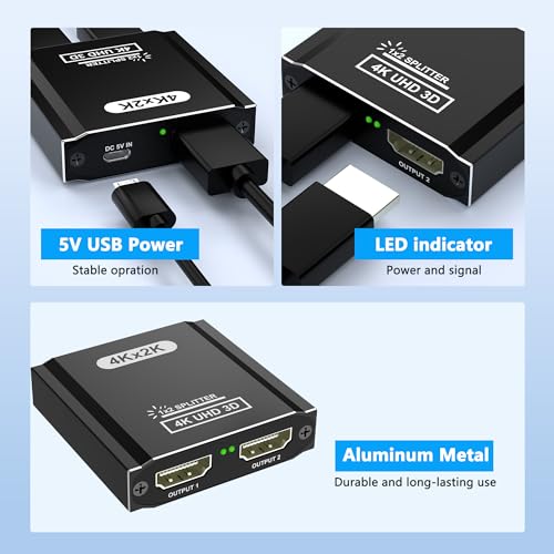 HDMI Splitter 1 in 2 Out, 4K HDMI Splitter for Dual Monitors- Copy 1 Source to 2 Displays at The Same Time (Need Power 5V 1A), Monitor Split for 2 Monitors, Compatible for Projector/TV/Monitor.