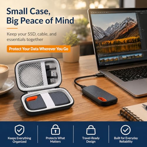 Hard Case Compatible with SanDisk 500GB/ 1TB/ 2TB/ 4TB Extreme Portable SSD - Up to 1050MB/s - USB-C, USB 3.2 Gen 2 - External for Solid State Drive. Carrying Travel Holder for USB Cables (Box Only) | Protective Storage Bag Fits for SanDisk 500GB/ 1TB/ 2T