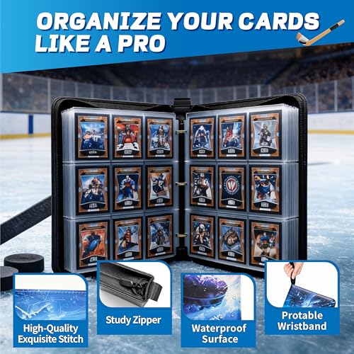 Hockey Card Binder with Sleeves, 9-Pocket Portable Card Protectors Album Holder Book with Zipper, Fits 900 Cards with 50 Removable Sleeves, Hockey Cards Display Storage Carrying Case - color: Hockey-01
