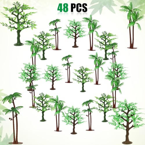 Janinka 24 Pcs Mini Toy Jungle Trees Plastic Model Coconut Trees Figurines with Base Cake Decoration Rainforest Diorama Supplies Scenery Architecture for Craft, Building, Scenery Landscape, 4 Styles