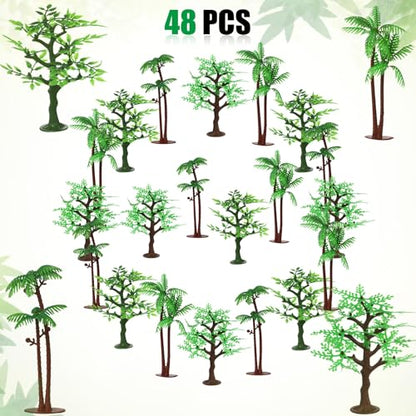 Janinka 24 Pcs Mini Toy Jungle Trees Plastic Model Coconut Trees Figurines with Base Cake Decoration Rainforest Diorama Supplies Scenery Architecture for Craft, Building, Scenery Landscape, 4 Styles